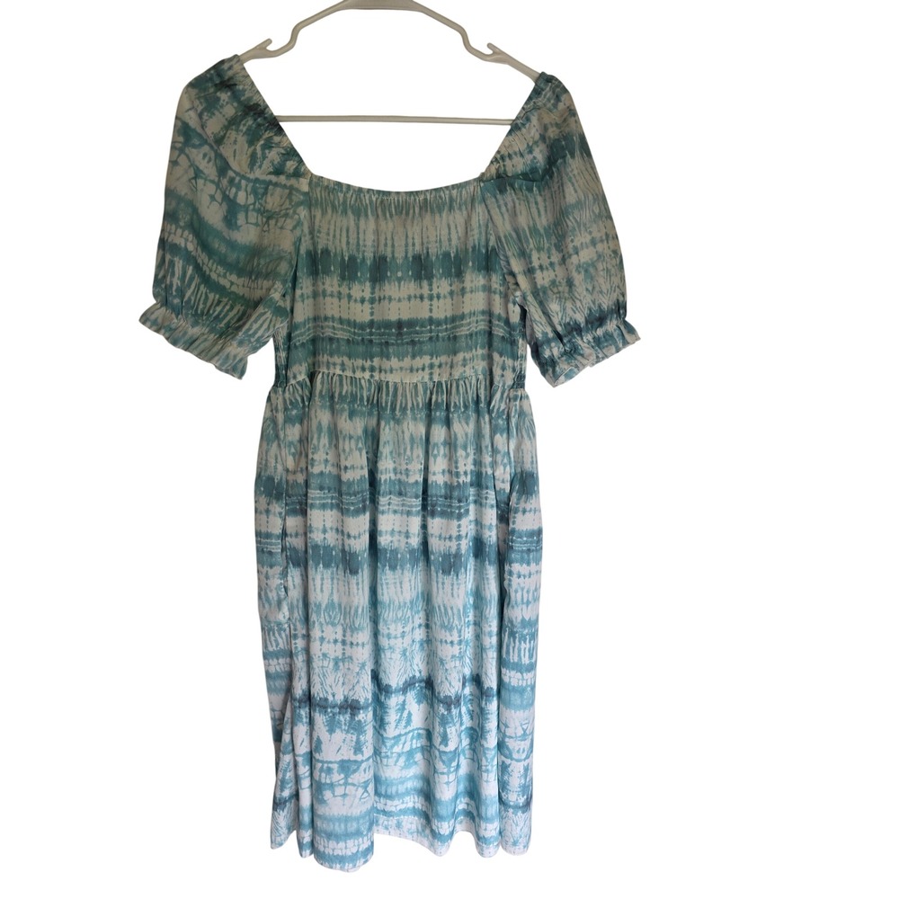 Suzanne Betro Blue White Tie Dye Smocked Puff Sleeve Midi Dress Small Pockets - Picture 6 of 7